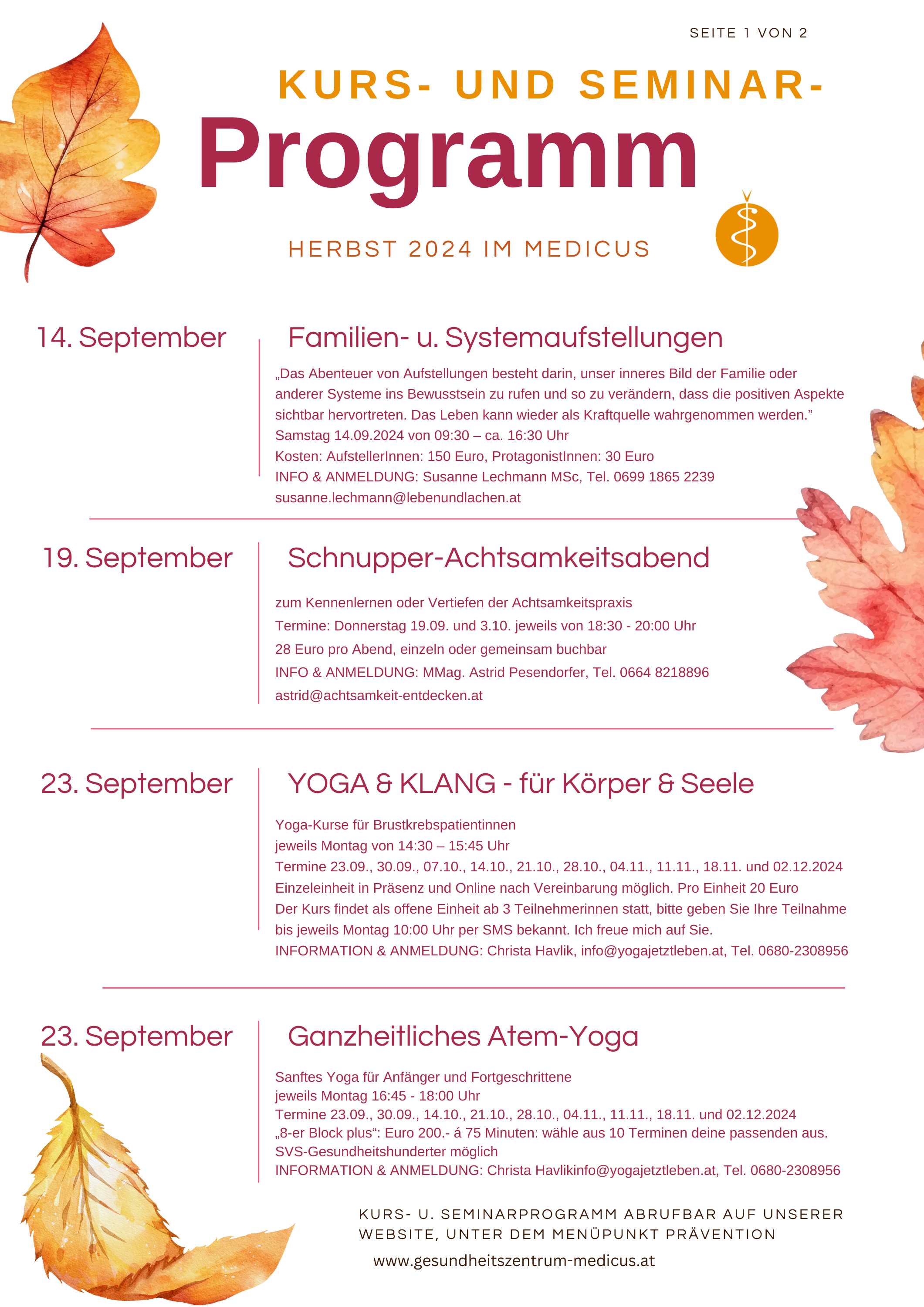 Kalender Herbst 2024 mit den Daten aller Kurse und Seminare im Gesundheitszentrum Medicus